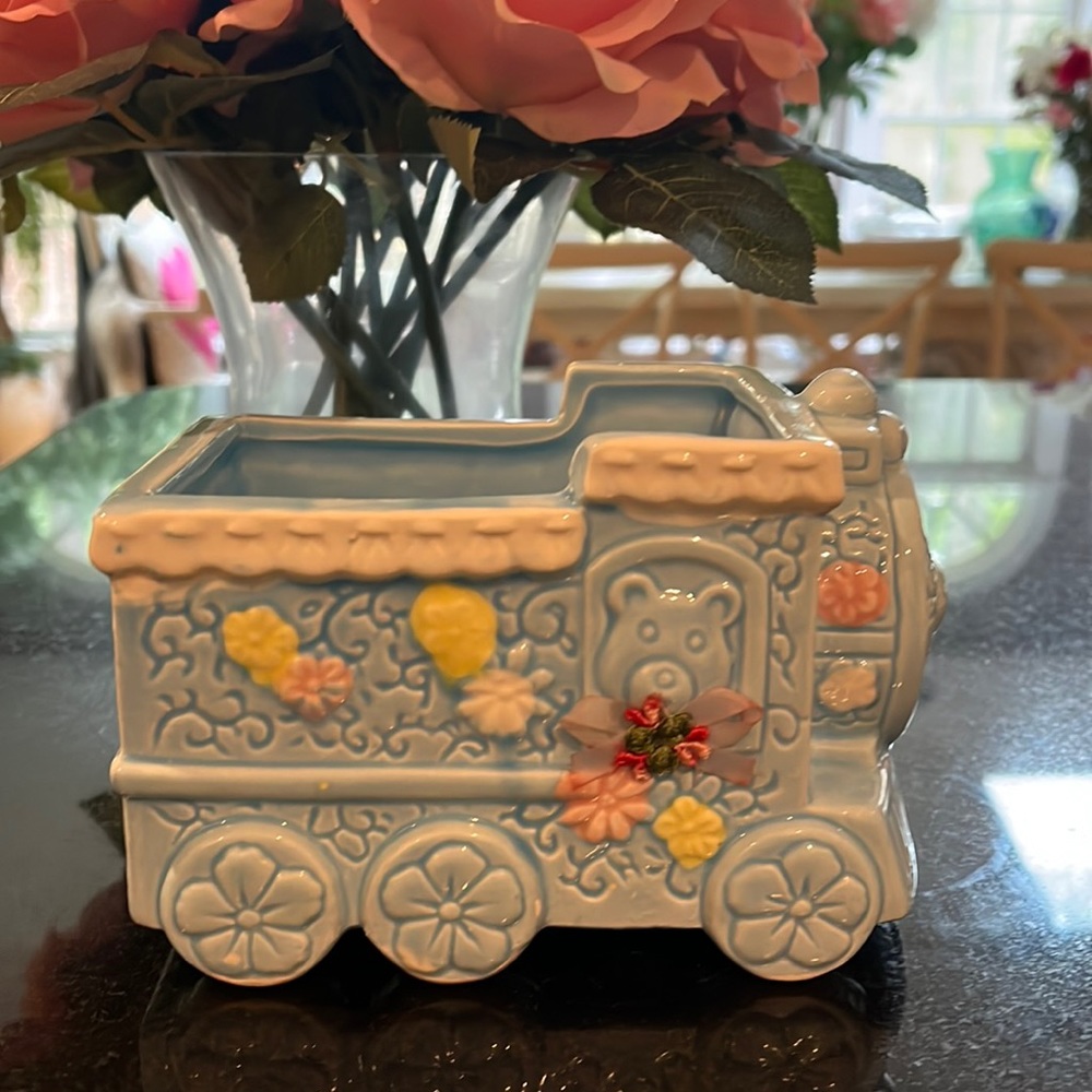 Vintage Blue Infant Baby Train Ceramic Plant Planter